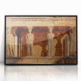 Large abstract wall art depicting a European Greek landscape in muted blue and white tones, framed in black acrylic.