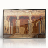 Acrylic print of a European Greek landscape in muted earth tones, framed in silver, suitable for modern art wall decor.