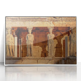 Mid-century modernist art depicting a serene Greek landscape in muted earth tones on a framed acrylic panel.