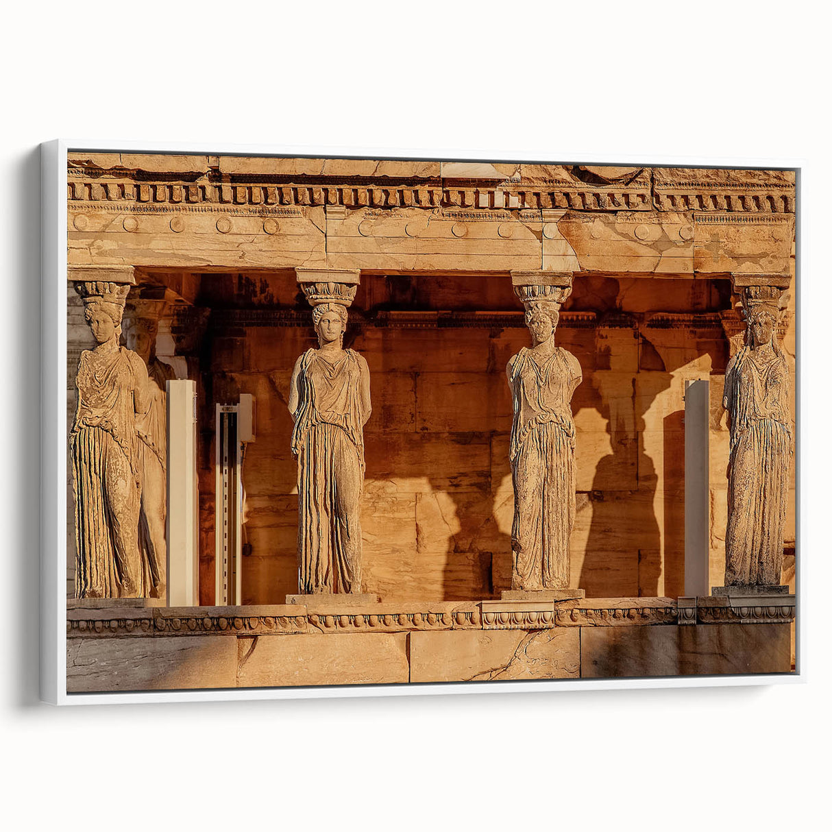 Vintage poster art depicting a colorful Greek scenery on a large framed canvas, ideal for living room decor.