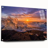 Large abstract wall art of a Scandinavian landscape in muted green and blue tones, acrylic glass.