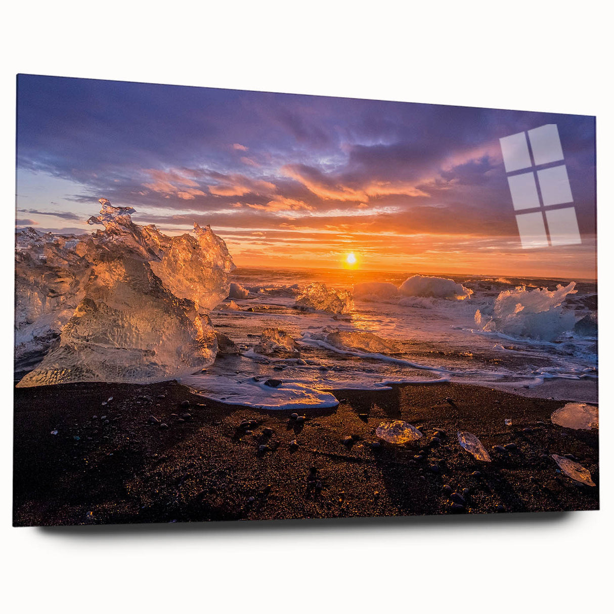 Large abstract wall art of a Greenland scenery in muted green and blue tones on acrylic glass.