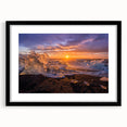 Extra large abstract art print of Greenland scenery in vibrant green and blue tones on a black framed canvas.