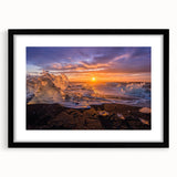 Extra large abstract art print of Greenland scenery in vibrant green and blue tones on a black framed canvas.