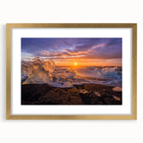 Abstract art print depicting a serene Greenland landscape in muted green and blue tones, framed in gold.