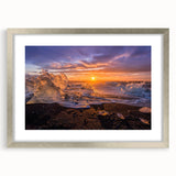 Extra large abstract art print of a textured Greenland scenery in muted green and blue, framed in silver.