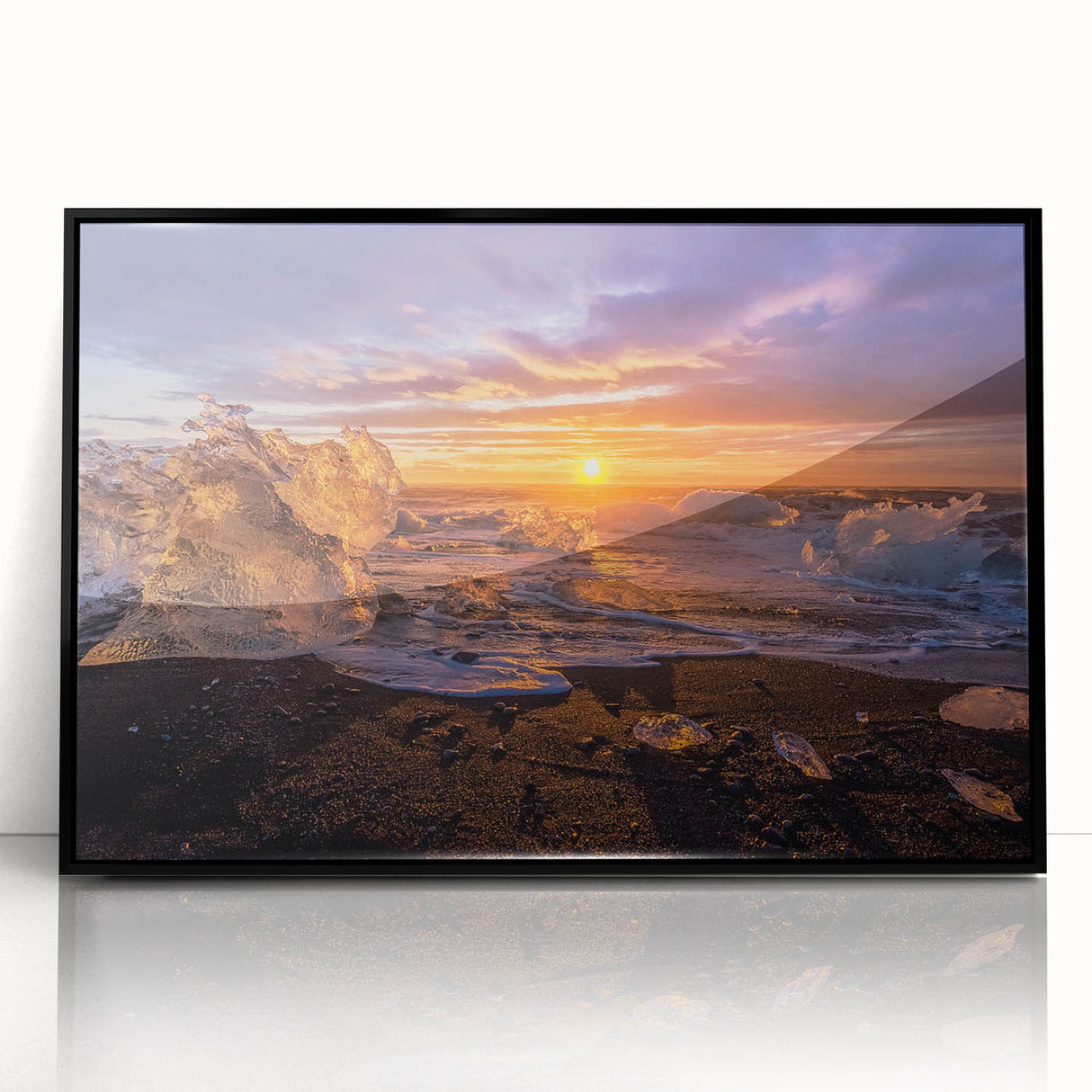 Large abstract wall art featuring a Greenlandic landscape in muted green and blue tones on a framed acrylic print.