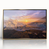 Art deco poster featuring serene Greenland scenery in muted green and gold tones, framed acrylic.