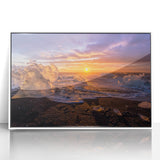 Mid-century modernist art depicting a serene Greenland landscape in muted green tones, framed acrylic.