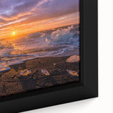 Black wall art featuring a textured depiction of a Greenland landscape on a framed canvas, with vibrant green and blue tones.