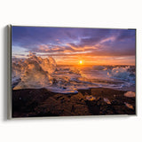 Framed canvas of a Greenland landscape in vintage poster style, featuring muted green and blue tones, ideal for office decor.