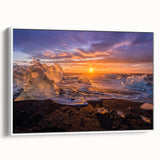 Vintage poster art of a Greenland scenery on a framed canvas, featuring a mix of vibrant green and blue tones.