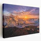 Side view of a stretched canvas depicting a serene Greenland landscape in muted green and blue tones.