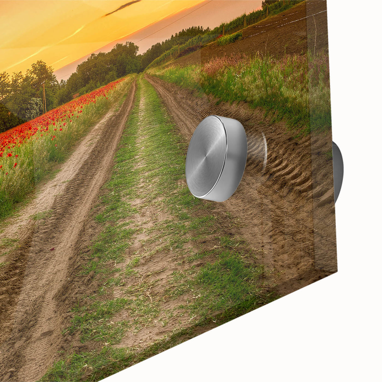 Large abstract wall art depicting a European scenery in muted earth tones on acrylic glass, ideal for dining room ambiance.