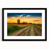 Abstract art print featuring textured, colorful depiction of a European scenery on a large black framed canvas.