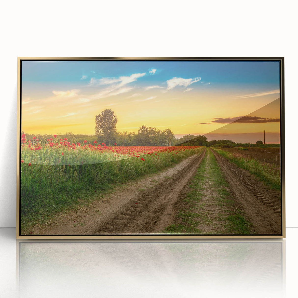 Art deco poster depicting a serene European scenery in muted gold and blue tones, acrylic print framed.