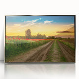 Large art print of a European cityscape in Hungary, featuring muted earth tones on a silver-framed acrylic.