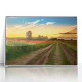 Mid-century modernist art depicting a serene European landscape in muted earth tones on a framed acrylic print.