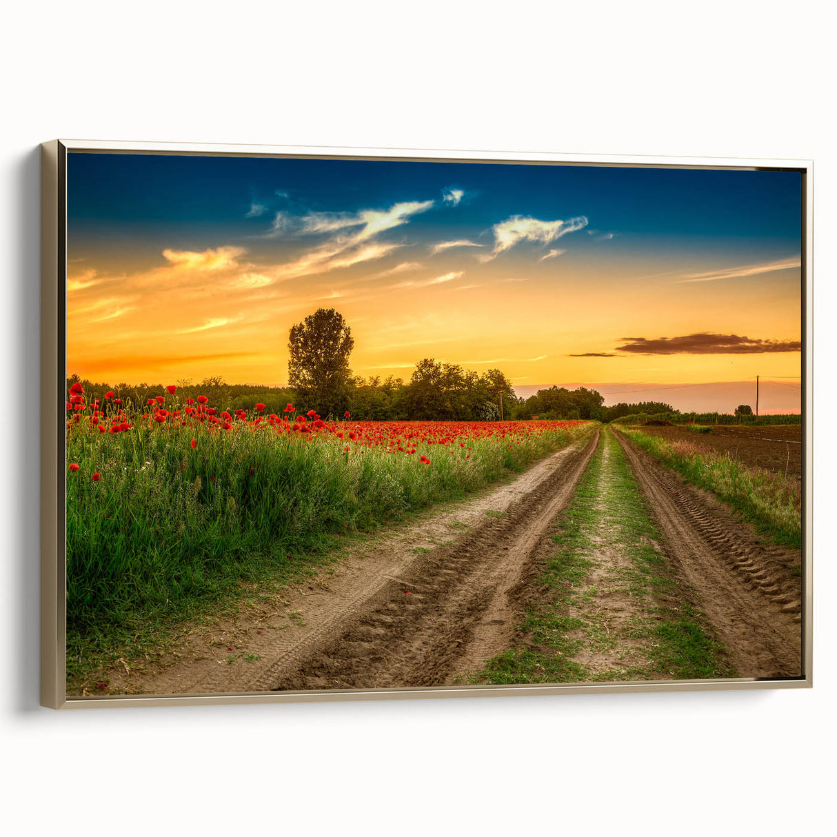 Framed canvas depicting a vintage-style Hungarian landscape in muted gold and black tones, ideal for bedroom wall art.