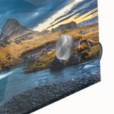 Large abstract wall art depicting a serene Icelandic landscape in muted blue and green tones on acrylic glass.