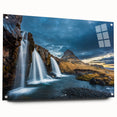 Large abstract wall art of an Icelandic landscape in muted blues and greens on acrylic glass.