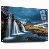 Large abstract wall art of an Icelandic landscape in muted blues and greens on acrylic glass.