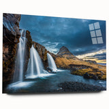 Large abstract depiction of an Icelandic landscape in cool blue and gray tones on acrylic glass.