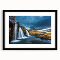 Extra large abstract art print of vibrant, colorful Icelandic scenery on a textured canvas, framed in black.