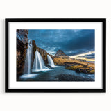 Extra large abstract art print of vibrant, colorful Icelandic scenery on a textured canvas, framed in black.