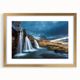 Abstract art print of a European landscape in muted gold and green tones on a framed canvas.