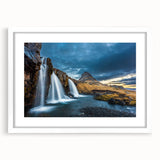 Textured abstract art print depicting a serene Icelandic landscape in muted earth tones, framed with a white mat.
