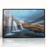 Large abstract wall art depicting a serene Icelandic landscape in muted gray and blue tones, framed in black acrylic.