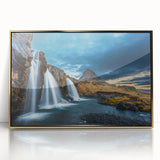 Acrylic print of a serene Iceland landscape in muted blues and greens, framed in gold, suitable for modern art wall decor.