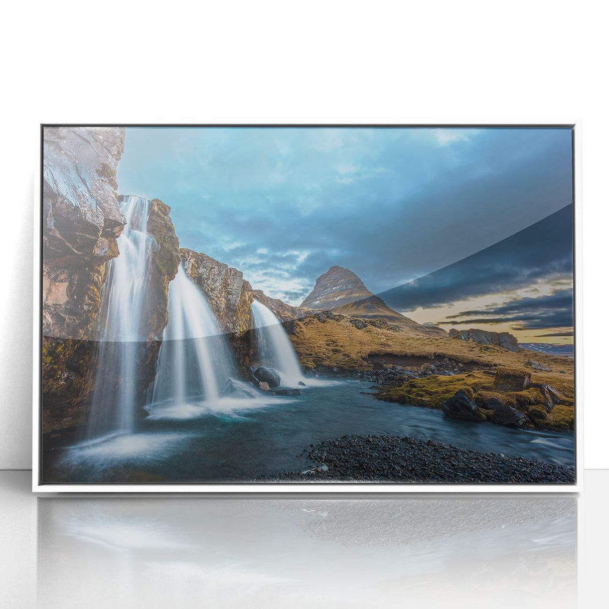 Mid-century modernist art of Icelandic scenery on framed acrylic, featuring muted earth tones, ideal for nursery wall decor.