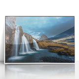 Mid-century modernist art of Icelandic scenery on framed acrylic, featuring muted earth tones, ideal for nursery wall decor.