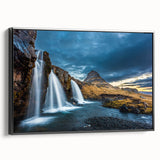 Black and white framed canvas featuring a vintage-style Icelandic landscape, ideal for bedroom wall decor.