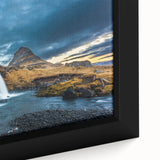 Extra large black wall art featuring a textured Icelandic scenery in vibrant colors, framed canvas, ideal for living room.