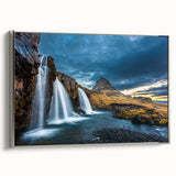 Framed canvas of a vintage-style Icelandic landscape with colorful skies and black foreground, ideal for living room decor.
