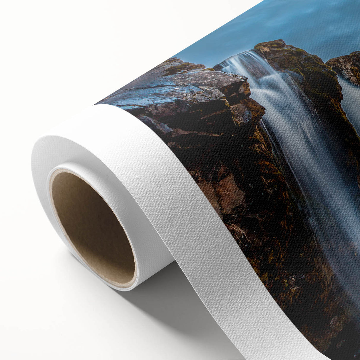 Art deco poster of a serene Icelandic landscape in soft blue and green tones on rolled canvas, ideal for nursery wall art.