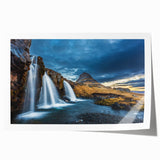 Extra large rolled print of a serene Icelandic landscape with muted green and blue tones, ideal for dining room wall art.