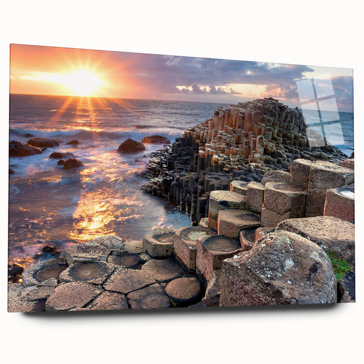 Large abstract wall art of an Irish landscape in muted green and blue tones on acrylic glass.