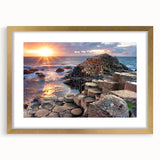 Abstract art print of a serene Irish landscape in muted green and blue tones, framed with a gold mat.