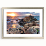 Extra large abstract art print of a textured Irish landscape in muted greens and blues, framed in silver.