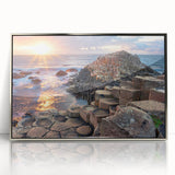 Large art print of an Irish landscape in muted green and blue tones on a silver-framed acrylic.