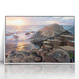 Mid-century modernist art depicting a serene Irish landscape in muted greens and blues, framed acrylic print.