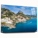 Acrylic print of the Amalfi Coast in vibrant blues and greens, ideal for dining room decor.