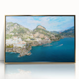 Acrylic framed print of Amalfi Coast with vivid blue ocean and colorful cliffside buildings, ideal for modern art wall decor.