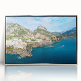Large art print of the Amalfi Coast in vibrant colors on a framed acrylic, suitable for modern art wall decor.