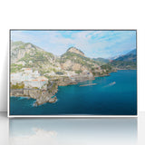 Mid-century modernist art of Amalfi Coast in vibrant colors, framed acrylic, ideal for modern art wall decor.