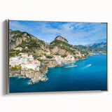 Framed canvas of a vintage-style landscape art painting depicting the colorful Amalfi Coast.